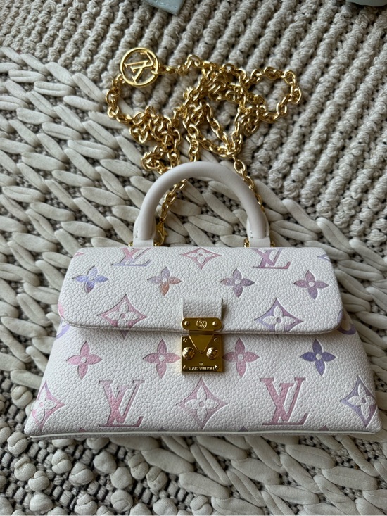 None Handbags - Louis Vuitton Inspired White Mini Top Handle Bag with Pastel Monogram